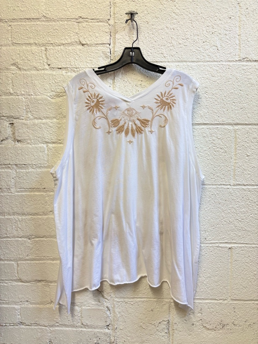 Johnny Was White V-Neck Drape Tank with Tan Floral Embroidery - Picture 6 of 7